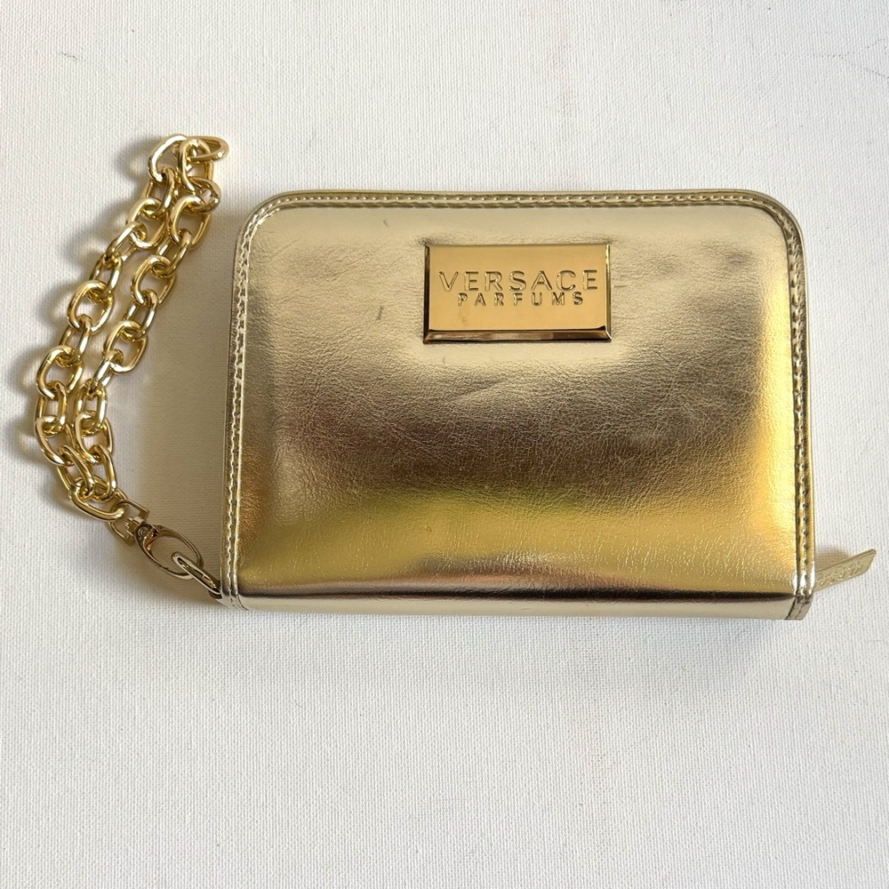Versace Parfums Gold Metallic Zip Wallet Clutch Wristlet Organizer Bag